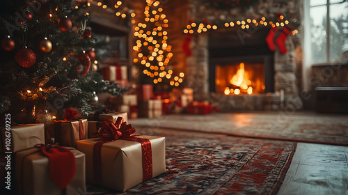 Cozy holiday scene with a decorated tree, fireplace, and beautifully wrapped gifts.