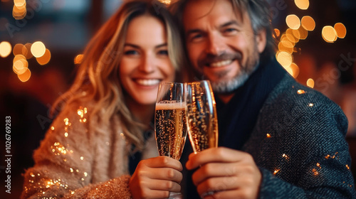 Brindis con champán de una pareja en época de fiestas y celebraciones, navideñas y de Año Nuevo.