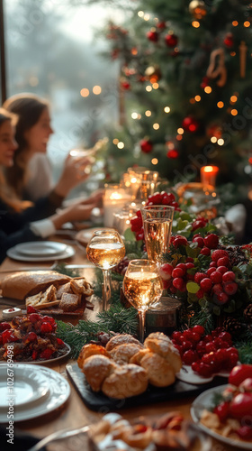 Portentosa cena, navideña en familia, concepto de fiestas de fin de año, y Reyes Magos. Cena con pavo, a las luces de la vela y toda la familia, sonriendo, bebidas, vino y el árbol de Navidad, que sie