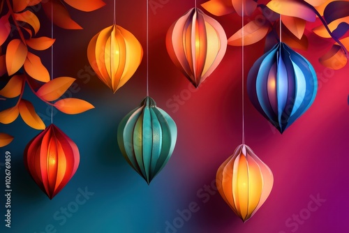 Happy Diwali. Group of paper graphic Indian lantern on Indian festive theme big banner background. 