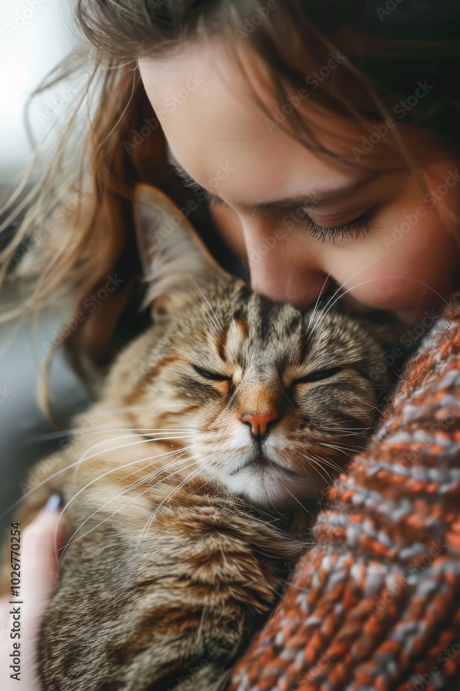 A young woman lovingly cradles her tabby cat, both with their eyes closed in a moment of peaceful bliss. A young woman lovingly cradles her tabby cat, both with their eyes closed in a moment of peaceful bliss.