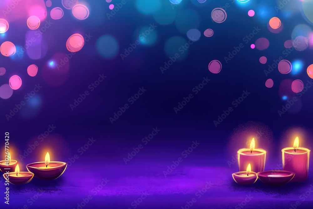 illustration crayon style of a dark purple backdrop with purple floor with bokeh lights and very small diwali candles on the side illustration crayon style of a dark purple backdrop with purple floor with bokeh lights and very small diwali candles on the side