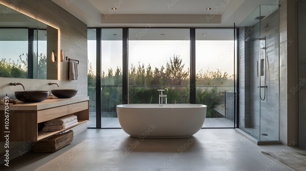 Modern Clean Bathroom with White Bathtub Modern Clean Bathroom with White Bathtub