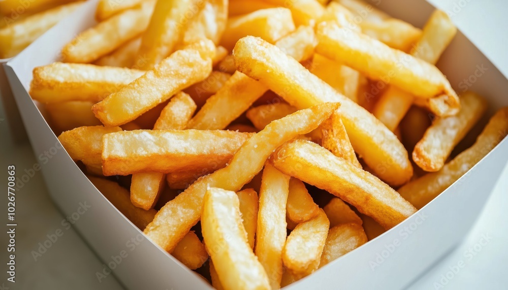 Crispy French Fries Served In A White Paper Box, Set Alone Against A White Background For A Modern And Clean Presentation. Crispy French Fries Served In A White Paper Box, Set Alone Against A White Background For A Modern And Clean Presentation.