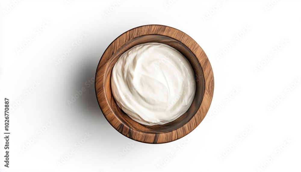 Top View Of Dairy Product Sour Cream In Wooden Bowl Isolated On White Background. Classic Ingredient For Cooking And Baking. Top View Of Dairy Product Sour Cream In Wooden Bowl Isolated On White Background. Classic Ingredient For Cooking And Baking.