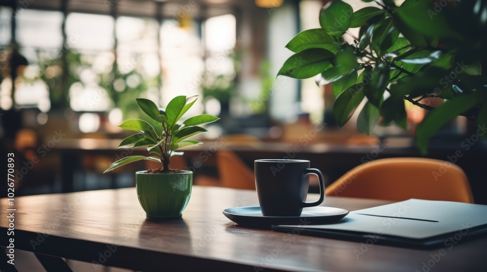 Cozy coffee shop interior with notebook, pencil and cup of hot drink on table Cozy coffee shop interior with notebook, pencil and cup of hot drink on table