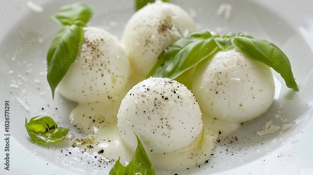 Fresh cheese in white balls from puglia paired with basil leaves Fresh cheese in white balls from puglia paired with basil leaves