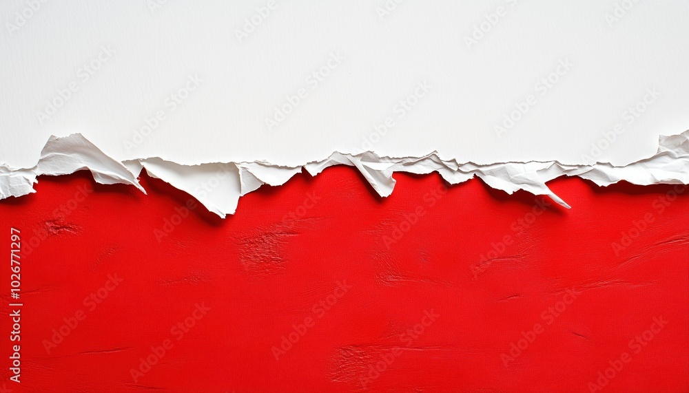 Minimalist Design: White Torn Paper On Blank Red Background For Message With Copy Space. Modern Close-Up Shot On Isolated White Background. Minimalist Design: White Torn Paper On Blank Red Background For Message With Copy Space. Modern Close-Up Shot On Isolated White Background.