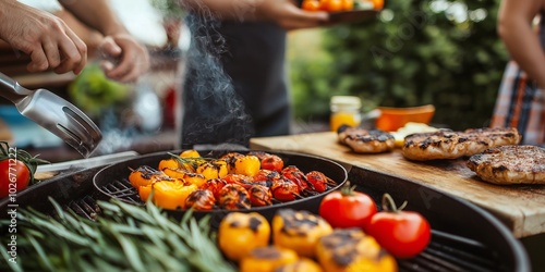 Fototapeta Naklejka Na Ścianę i Meble -  Delicious food sizzling on the barbecue, vibrant vegetables and meats evoke social gatherings and culinary pleasure.