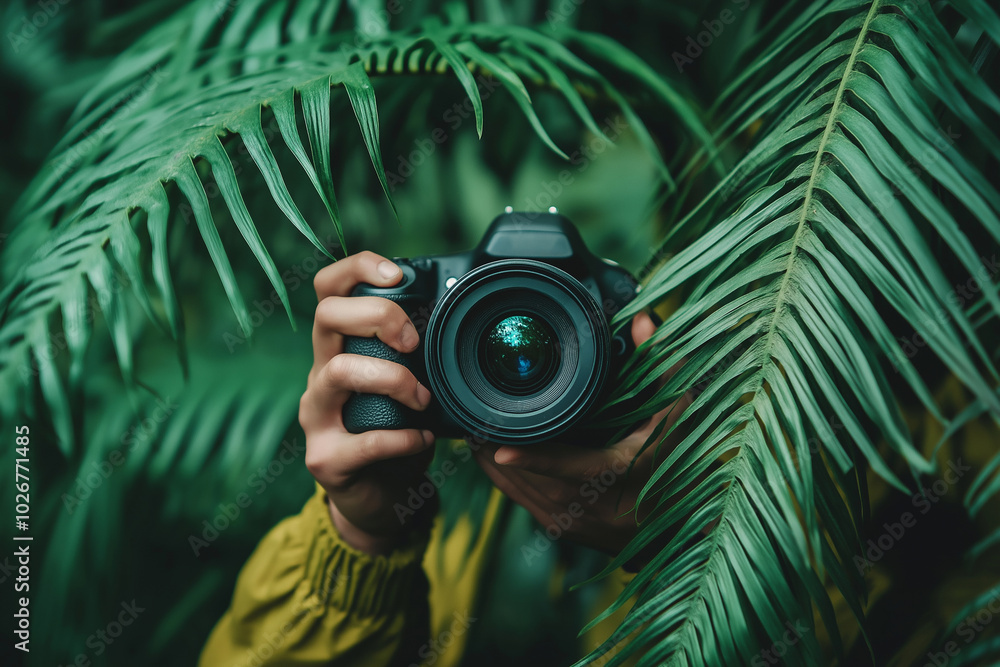 A photographer emerges from the verdant green with a camera in hand, capturing the essence of exploration and focus. A photographer emerges from the verdant green with a camera in hand, capturing the essence of exploration and focus.