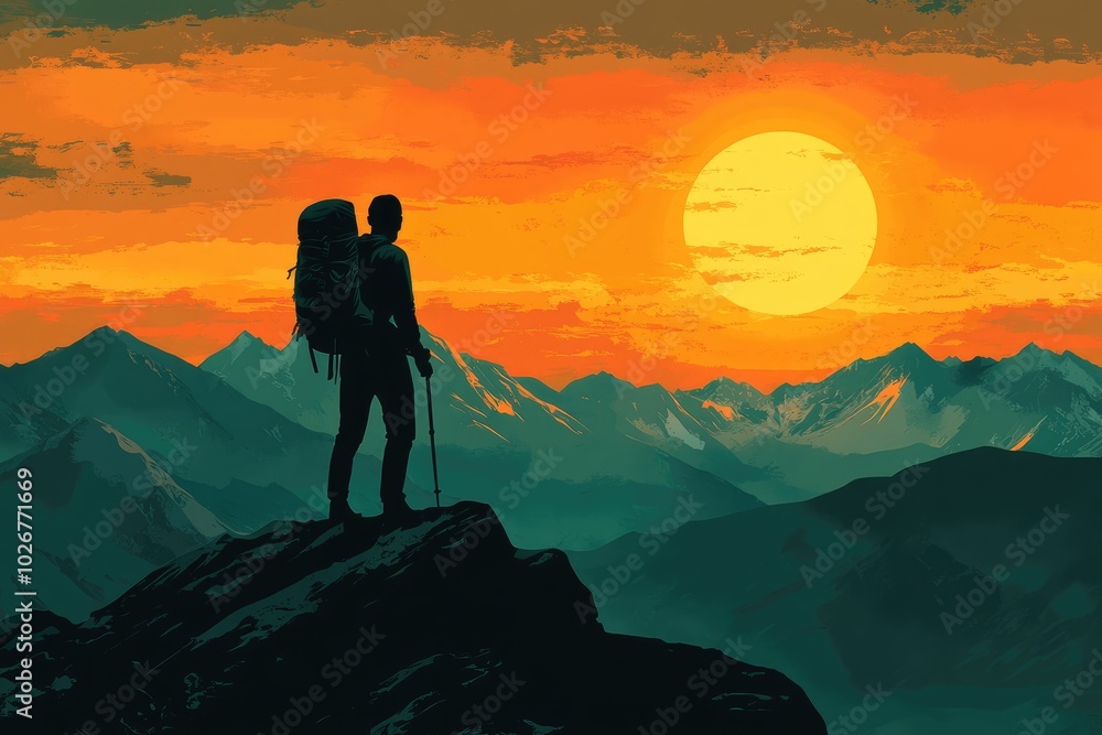Fototapeta premium Adventurer Standing on Mountain Peak at Sunset with Scenic Mountain Range in Background