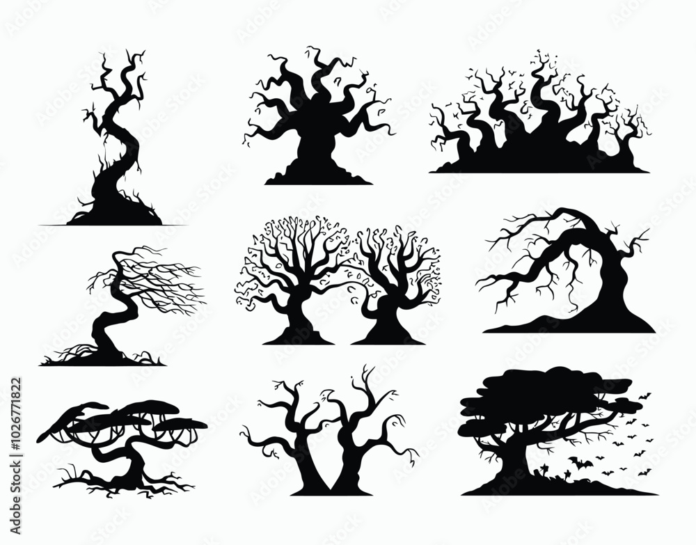 Spooky Tree Silhouettes Set Vector EPS Template Illustration Spooky Tree Silhouettes Set Vector EPS Template Illustration