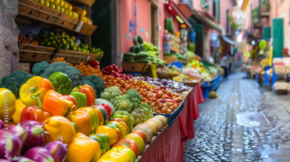 Fototapeta premium Vibrant produce spills out onto the tables at a bustling outdoor market, creating a colorful and tempting display of fresh, local ingredients.