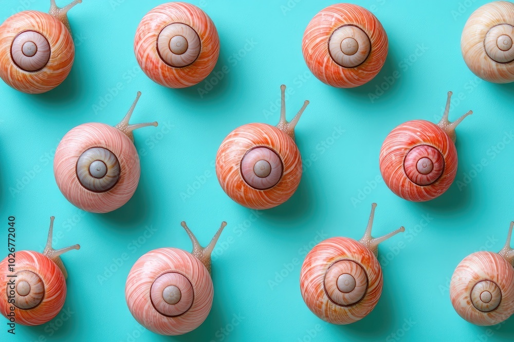 Colorful Snails on Vibrant Blue Background: Nature Pattern Photography Trend 2023 Colorful Snails on Vibrant Blue Background: Nature Pattern Photography Trend 2023
