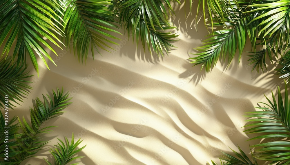 Tropical Summer Background Featuring Palm Leaves And Sandy Beach - A Hot Weather Landscape Perfect For Summertime Designs And Projects. Tropical Summer Background Featuring Palm Leaves And Sandy Beach - A Hot Weather Landscape Perfect For Summertime Designs And Projects.