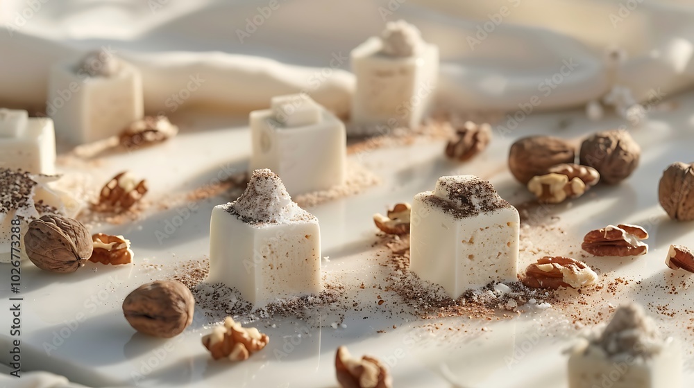 Frosted cubes of pale background with nuts and a silky ganache scoop Frosted cubes of pale background with nuts and a silky ganache scoop