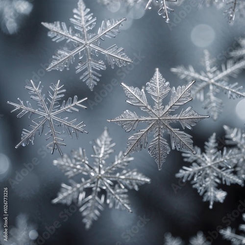 beautiful silver snowflakes close-up in macro photography on a gray background