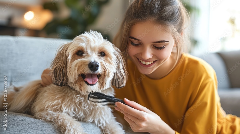Smiling Woman Grooming Happy Dog at Home on Cozy Sofa Smiling Woman Grooming Happy Dog at Home on Cozy Sofa