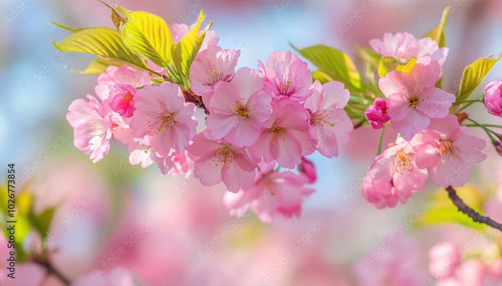 Beautiful Spring Banner With Pink Sakura Flowers On A Sunny Background In Japan'S Blossoming Season. Stunning Nature Scene With Blooming Branch. Beautiful Spring Banner With Pink Sakura Flowers On A Sunny Background In Japan'S Blossoming Season. Stunning Nature Scene With Blooming Branch.