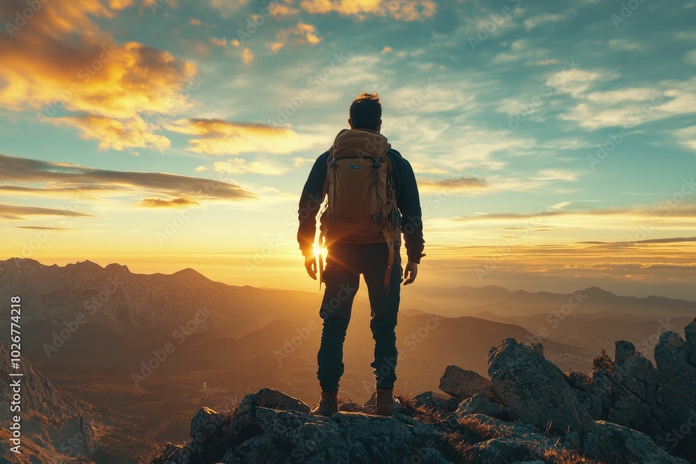 Fototapeta premium Adventurous Hiker at Scenic Mountain Sunrise with Majestic Clouds
