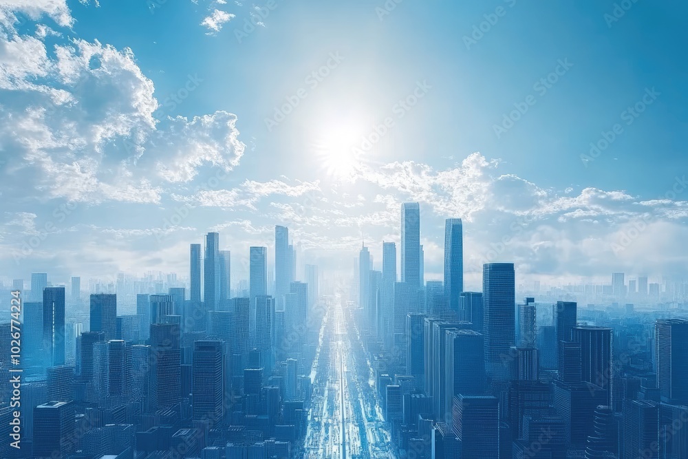 Modern Skyline of a Futuristic Urban City Under a Bright Sun Modern Skyline of a Futuristic Urban City Under a Bright Sun