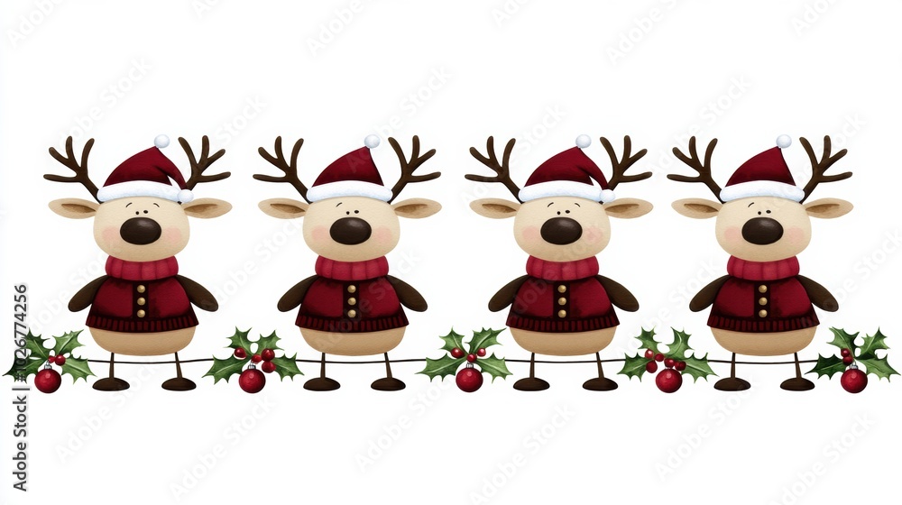 Fototapeta premium Cute Christmas Reindeer Characters with Santa Hats