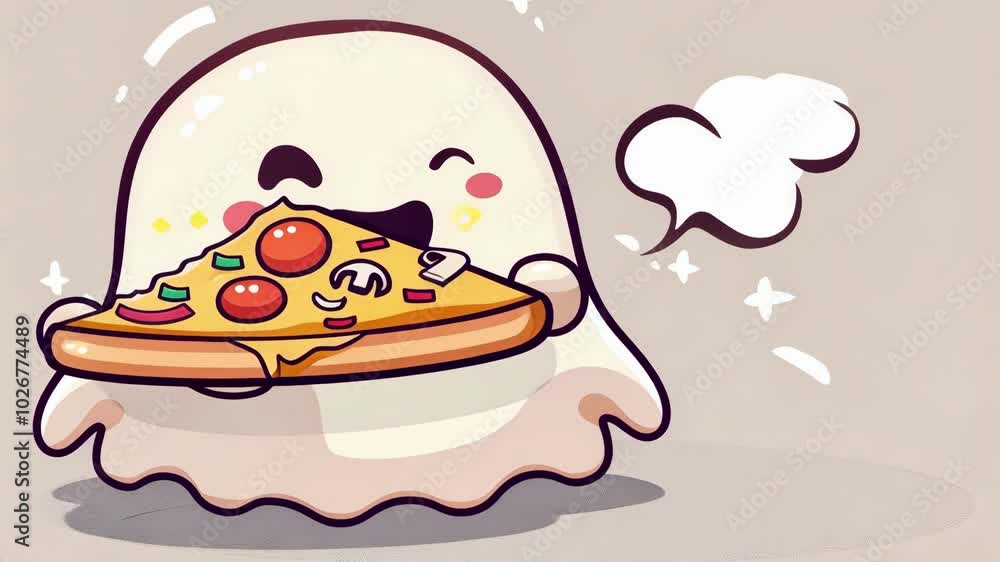 Cute ghost enjoys halloween pizza delight. AI Cute ghost enjoys halloween pizza delight. AI