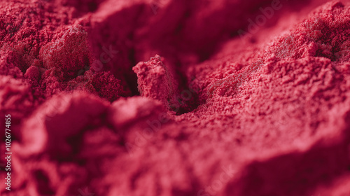 a close-up, top-down view of a small mound of dried raspberry powder, featuring its vibrant pink-red hue photo