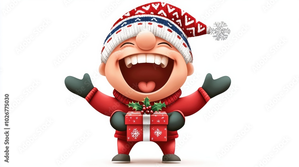 Happy Cartoon Character with Christmas Gift and Hat Happy Cartoon Character with Christmas Gift and Hat
