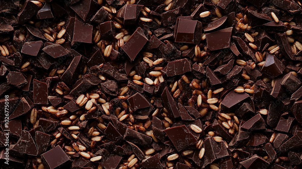 a close-up, top-down view of chopped dark chocolate with puffed rice scattered across the frame