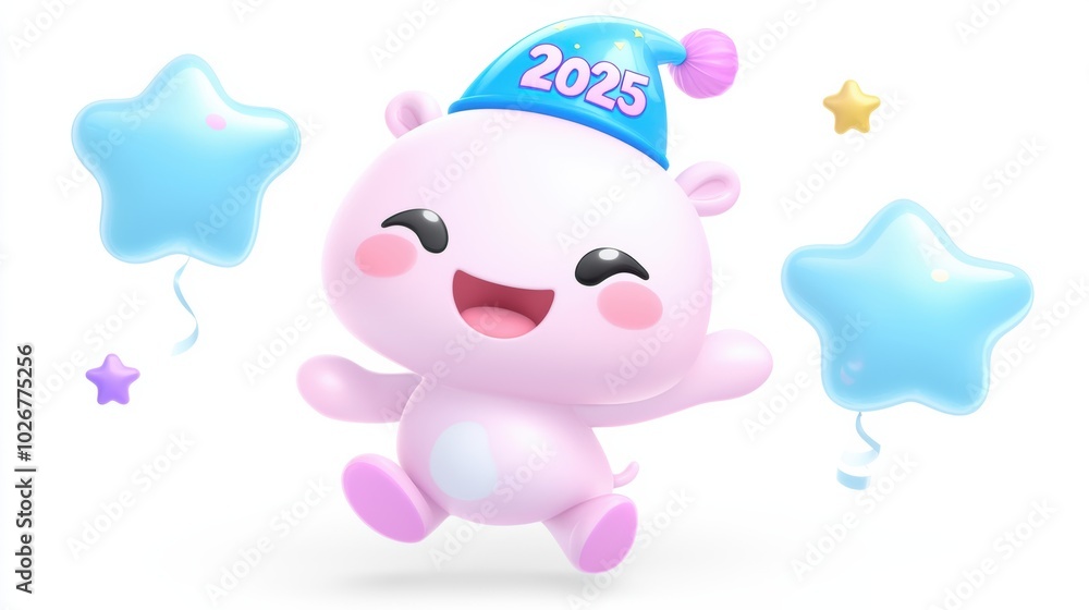 Cute Cartoon Character Celebrating New Year 2025 Cute Cartoon Character Celebrating New Year 2025