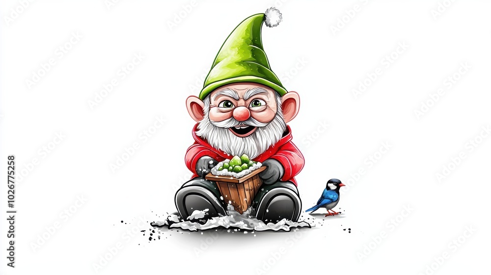 Merry Gnome with Snow and Bird in Winter Scene Merry Gnome with Snow and Bird in Winter Scene