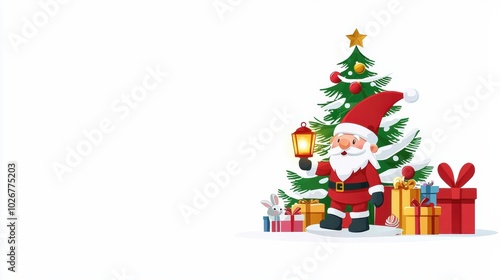 Cheerful Santa Claus with Christmas Tree and Gifts