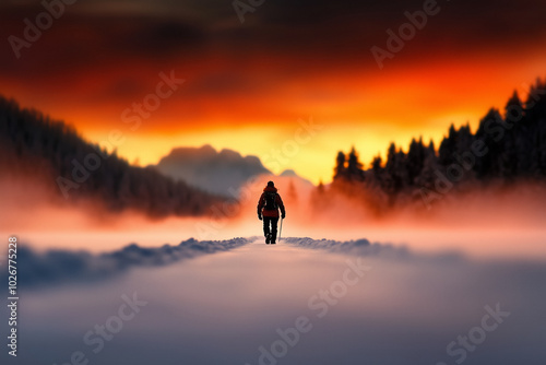 A lone figure walks through a snowy landscape, silhouetted by a breathtaking sunset. The warm sky contrasts with the cold snow, capturing winter solitude. Concept: "winter sunset solitude."