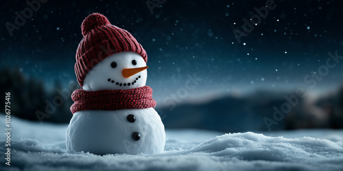 A classic snowman in a red hat and scarf stands under a clear starry night, with a bright carrot nose and button eyes, capturing the serene magic of a winter night. Concept: 