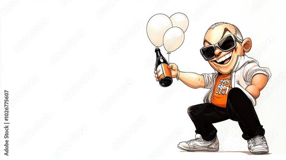 Celebratory Cartoon Character with Balloons and Beverage Celebratory Cartoon Character with Balloons and Beverage