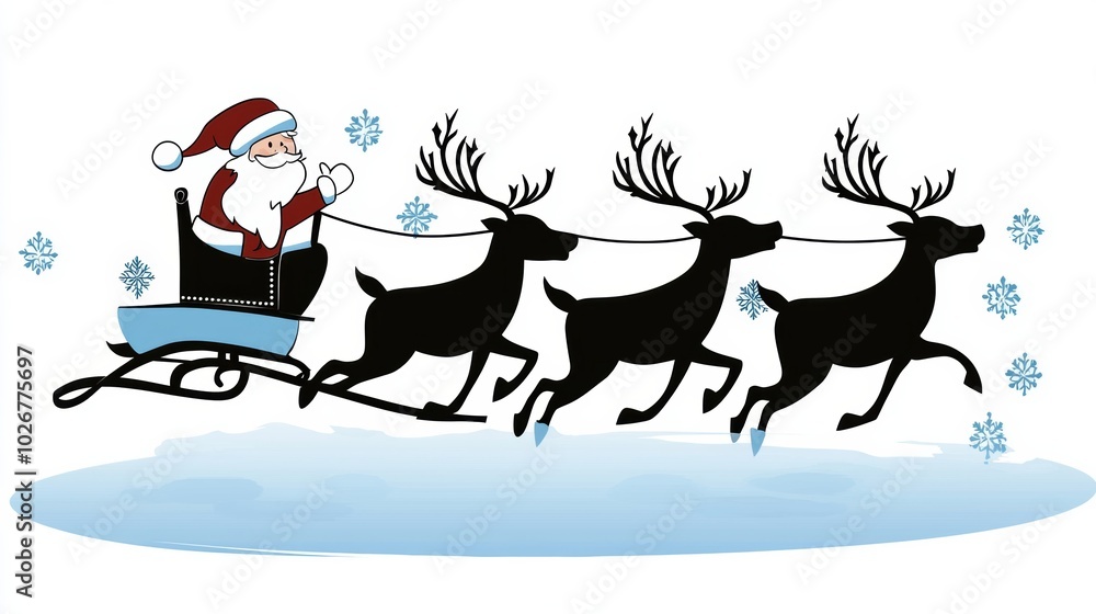 Santa Claus with Sleigh and Reindeer in Winter Scene Santa Claus with Sleigh and Reindeer in Winter Scene