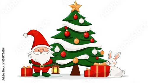 Cheerful Santa Claus with Christmas Tree and Gifts