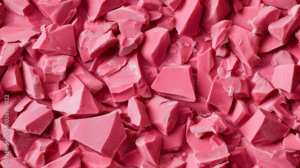 Fototapeta premium a close-up, top-down view of chopped strawberry-flavored chocolate spread across the frame, filling the image with a vibrant pink hue and smooth texture in irregular pieces