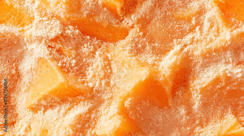 a close-up, top-down view of dried cantaloupe powder, with its soft orange color and fine, powdery texture