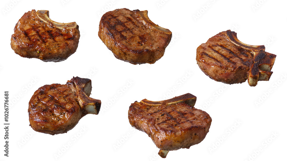 Grilled Pork Chop Steaks Flying Above a Kitchen Countertop Generative AI Grilled Pork Chop Steaks Flying Above a Kitchen Countertop Generative AI