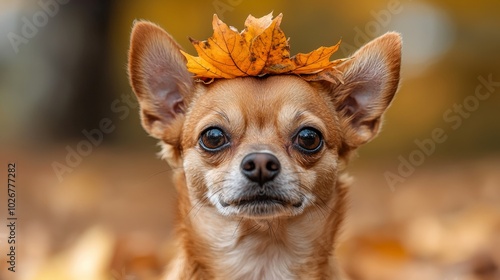 Portrait of small dog with leaf on its head