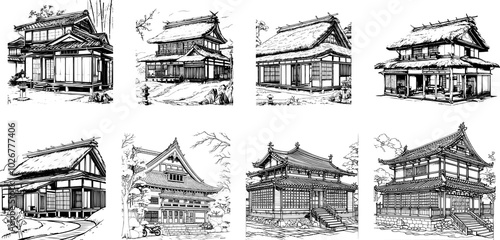 Traditional Japanese House Architecture Vector Set: Classic Minka, Shuukan Homes, and Historic Illustrations for Creative Projects and Cultural Exploration