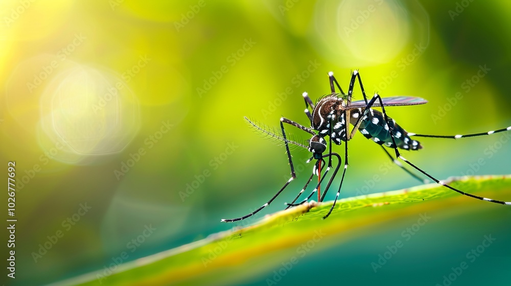 A close-up shot of a mosquito perched on a green leaf, its striped body and long legs visible in sharp detail. A close-up shot of a mosquito perched on a green leaf, its striped body and long legs visible in sharp detail.