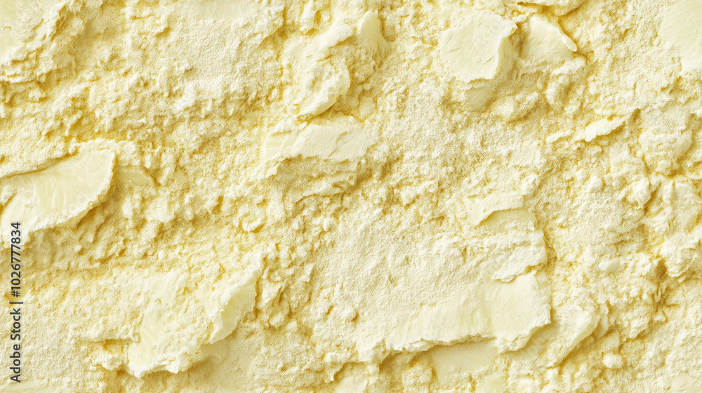 a close-up, top-down view of dried pineapple powder, with a pale yellow color and light, powdery surface a close-up, top-down view of dried pineapple powder, with a pale yellow color and light, powdery surface