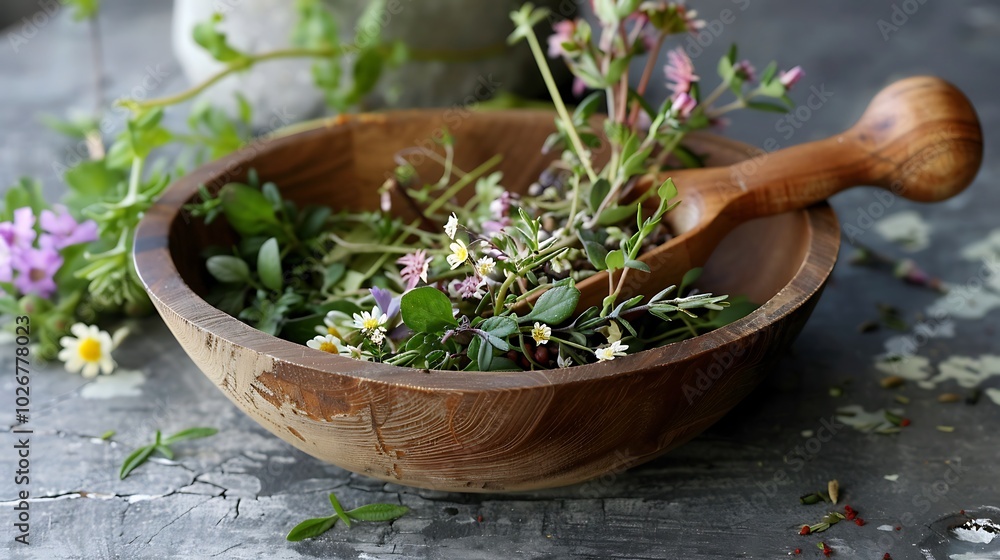 Handcrafted scoop with delicate old herbs and lush greenery Handcrafted scoop with delicate old herbs and lush greenery