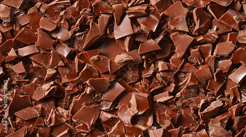 a close-up, top-down view of finely chopped almond butter chocolate scattered across the frame