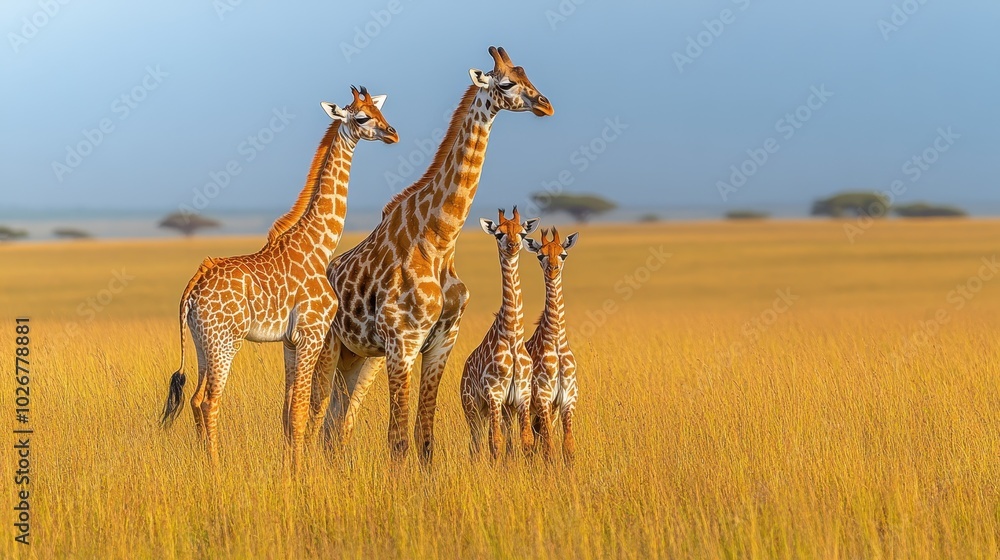 Fototapeta premium Giraffes in the Serengeti with Acacia Trees, Wildlife Photography of a Giraffe Family on Grassy Plains in an African Safari Landscape 