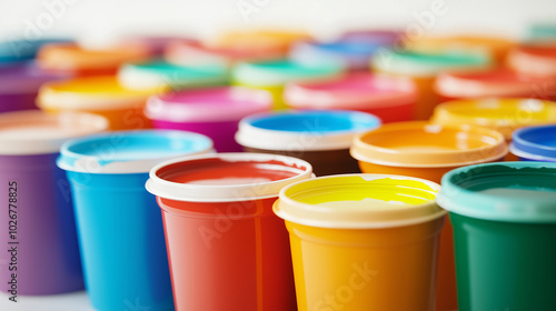 front, horizontal view,  an array of paint pots