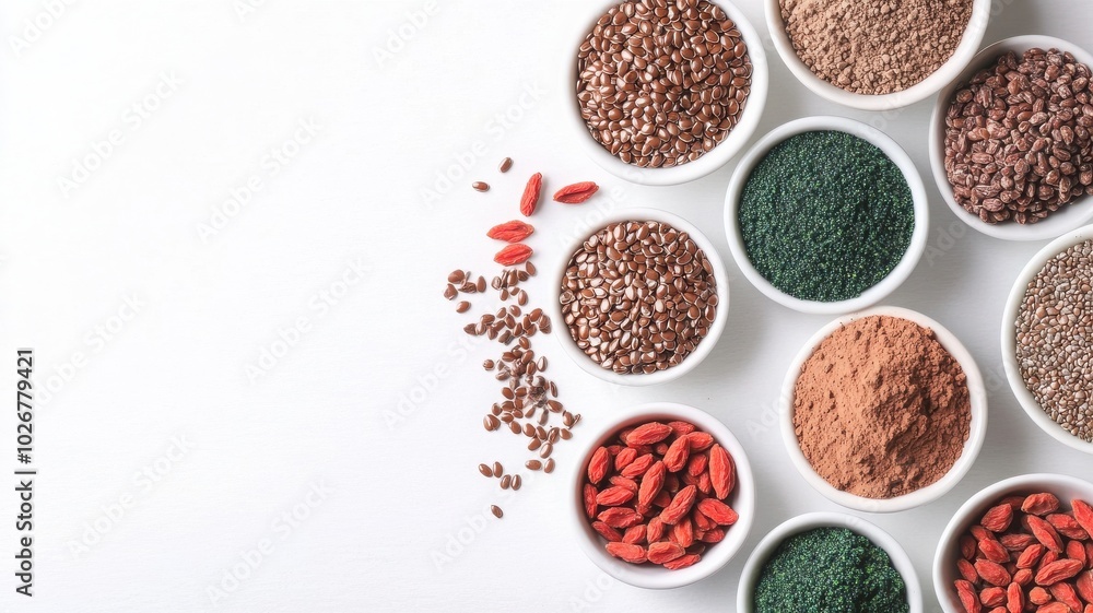 A collection of various healthy superfood powders and seeds in bowls, perfect for wellness and nutrition themes. A collection of various healthy superfood powders and seeds in bowls, perfect for wellness and nutrition themes.